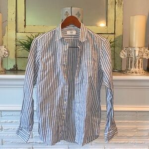 Uniqlo White Blue Striped 100% Linen Casual Button Down Top Size XS